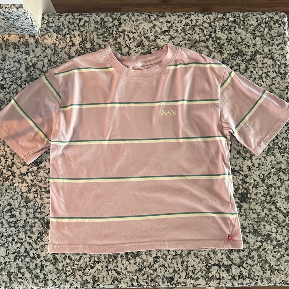 Dickies Girls, size M. Pale pink w/forest green, light yellow, & white stripes.